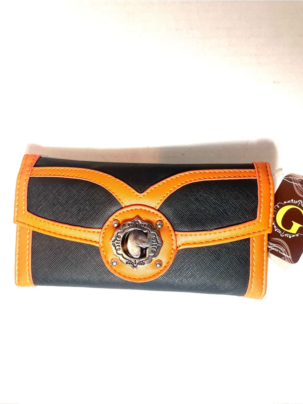 NWT Black & Orange Faux Leather Wallet with Silver-Tone G Monogram